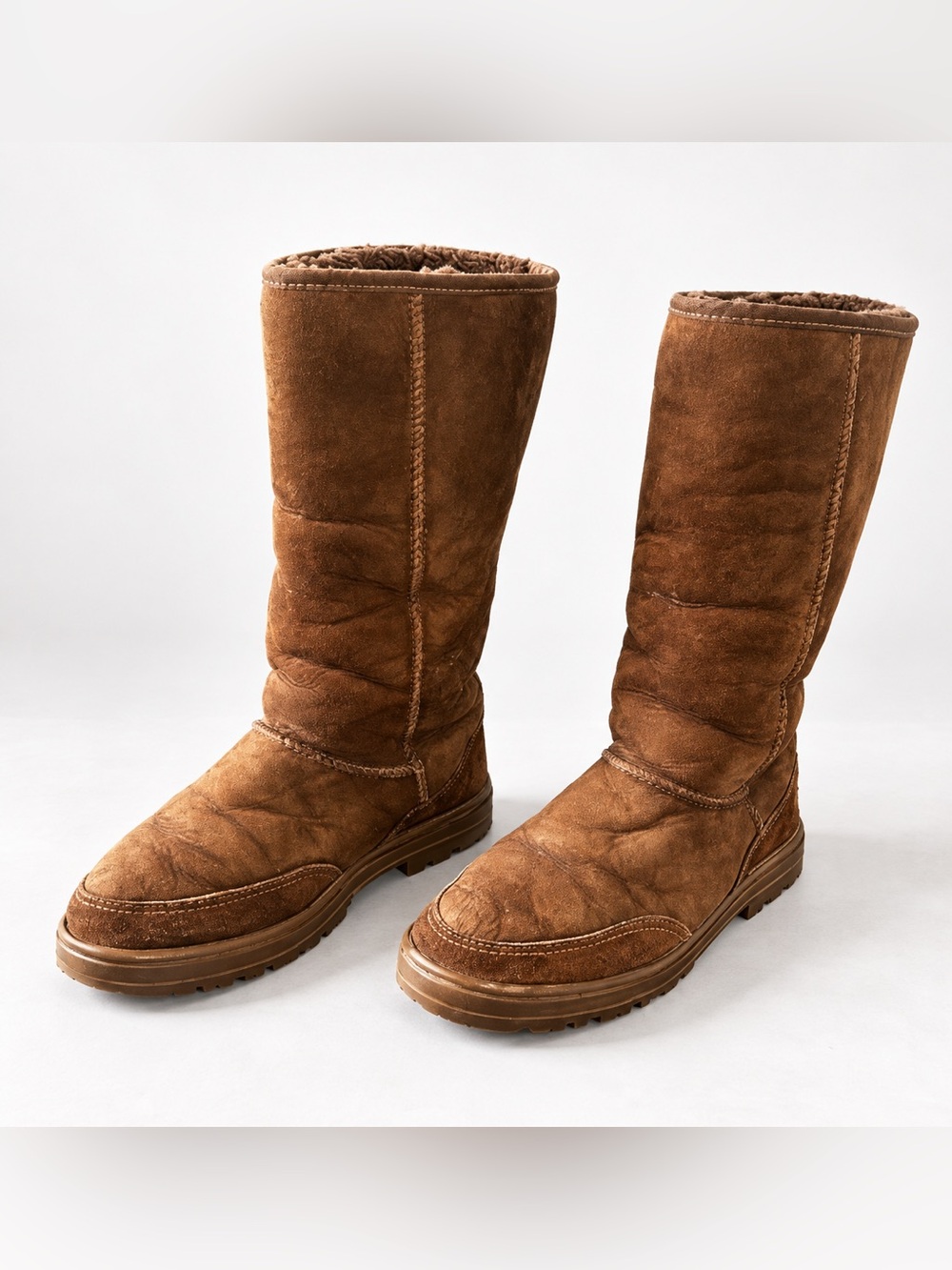 UGG Australia Tall Brown Suede Shearling Boots Women’s 9 Braided Stitch